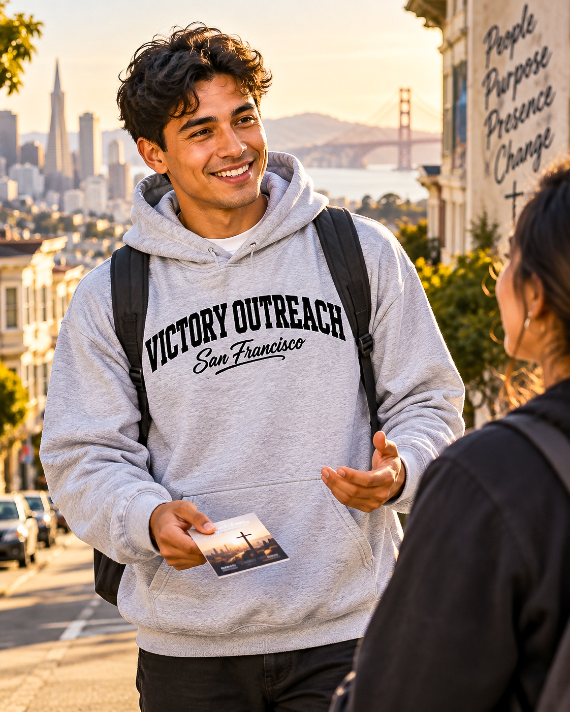 Victory Outreach San Francisco Classic Hoodie being worn while sharing the Gospel